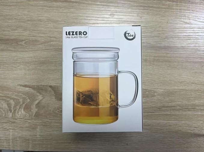 Glass Tea Infuser Cup with Filter and Handle for Blooming Loose Leaf, 14oz | Borosilicate, Heat Resistance, Lead-free, Microwave & Dishwasher Safe