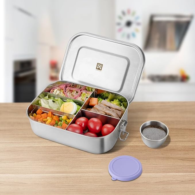 GOLDEN KEY 47oz Stainless Steel Lunch Box for Adults or Kids,1400ml Large & Thickened Metal Lunch Box with 5 Compartments,Eco-friendly Leak-Proof Container with Lockable Clips
