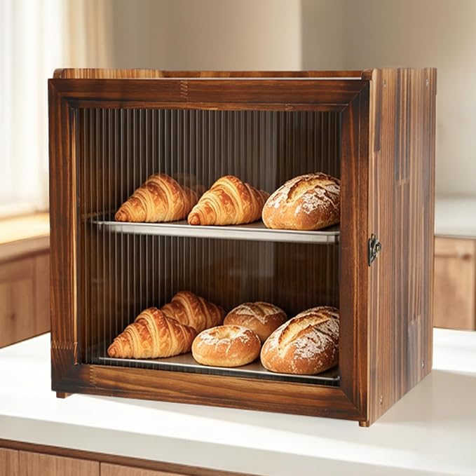 Vintage Bread Box for Kitchen Countertop, 2-Layer Large Wooden Breadbox | Farmhouse Wood Bread Boxes with Removable Stainless Steel Tray, Homemade Bread Storage Container with Clear Acrylic Window