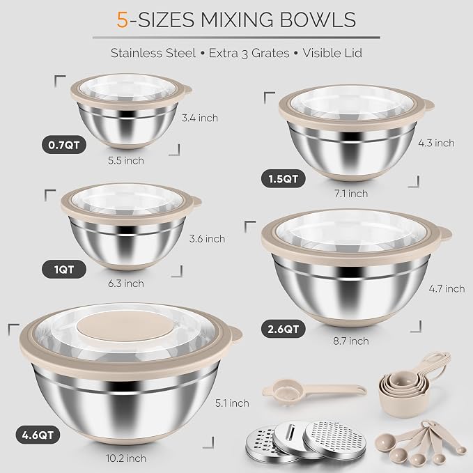 HaWare Stainless Steel Mixing Bowls with Airtight Clear Lids, Khaki | 24-Piece, 5 Nesting Bowls: 4.6/2.6/1.5/1/0.7 QT, Includes 3 Graters, Non-Slip, For Serving, Prepping, Storing