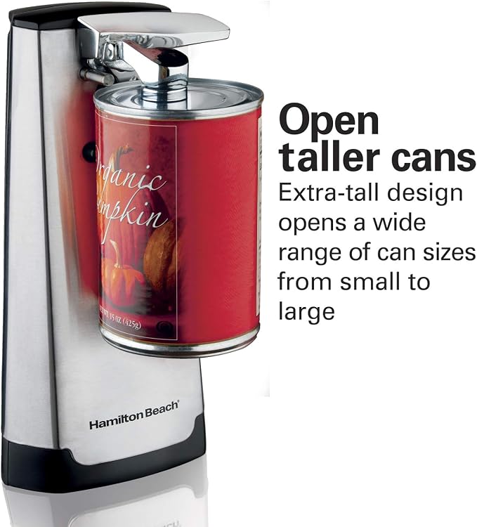 Hamilton Beach Extra-Tall Electric Can Opener Knife Sharpener | Easy-Clean Detachable Cutting Lever & Blade | Cord Storage | Automatic Shutoff | Brushed Stainless Steel | 76700G