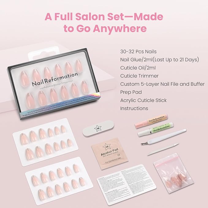 Nail Reformation Press On Nails, Sheer Nude Short Almond Fake Nails 32 Pcs | Silver Glitter French Tip with Glossy Finish, Reusable Stick On Nails in 16 Sizes False Nail Kit with Glue, Gifts for Women