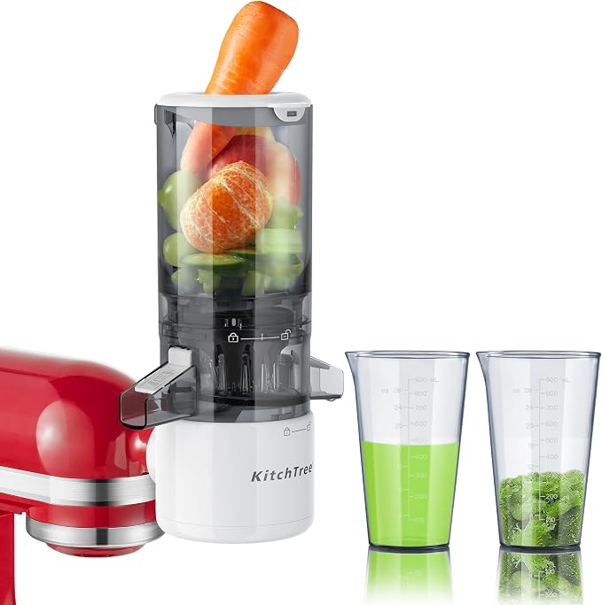 Masticating Juicer Attachment for KitchenAid Stand Mixer, 4.2" Large Feed Chute Fit Whole Vegetables & Fruits, Slow Cold Press Juicing, Includes 2 * 28oz capacity cups