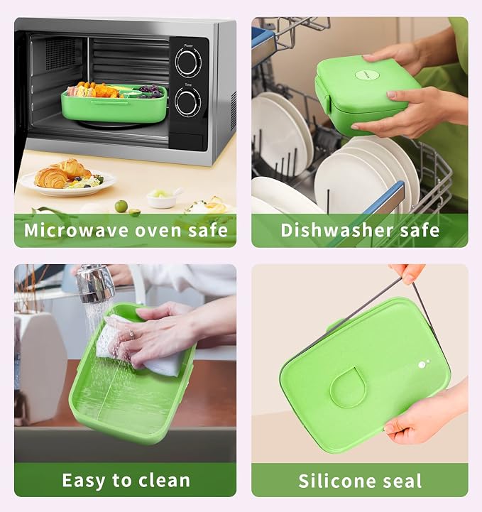 Bento Lunch Box with Kids/Adults, 5 Compartments Leakproof Lunch Container with Dressing Cup, Eco-Friendly Double Insulated Boxes, Dishwasher and Microwave Safe, BPA-Free (green)