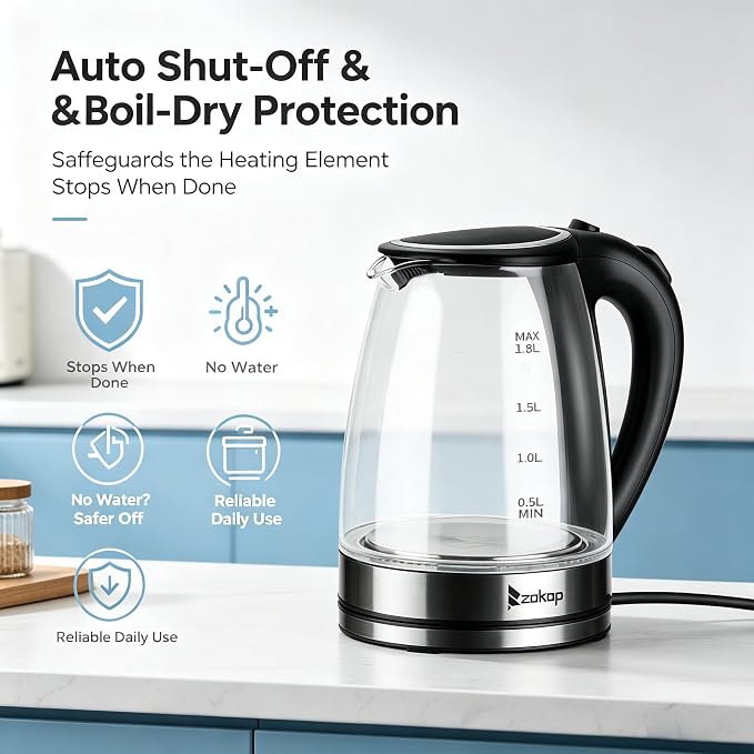 Electric Kettle 1.8l, BPA-Free Borosilicate Glass Stainless Steel Blue LED, 360° Base, Auto Shut-Off and Boil-Dry, Glass Carafe No Plastic Contact With Water, Wide Mouth for Easy Cleaning