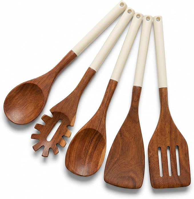 DI ORO Wooden Kitchen Utensil Set - 5 Pc Spoon & Spatula, Cream | Won't scratch nonstick pots and pans; Natural hardwood, easy to hand wash; For cooking, serving, stirring, and turning