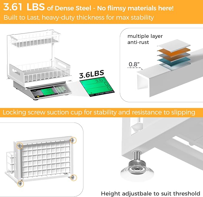 L-Shaped Under Sink Organizer, 2-Tier Pull-out Cabinet Rack 1-Pack | White Height-Adjustable Steel Rack, Sliding Grid Drawers with PP Liners, Holds 100 Lbs, Suction Base, Ideal Kitchen Storage