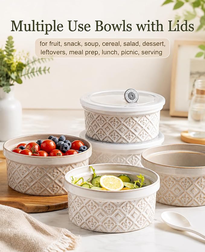 28 Oz Cereal Bowls Set with Lids, Ceramic Salad Bowls for Kitchen, Preparing, Camping, Office Lunch, 6 Inch Kitchen Food Storage Containers with Airtight Lids set of 4, Housewarming Present, Beige