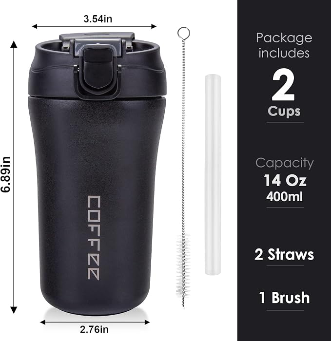 14 oz Travel Coffee Mug, 2 Pack Vacuum Insulated Stainless Steel Tumbler | Spill proof coffee travel mug with lid & straw for hot & cold drinks. Great gift for men & women (Black White)