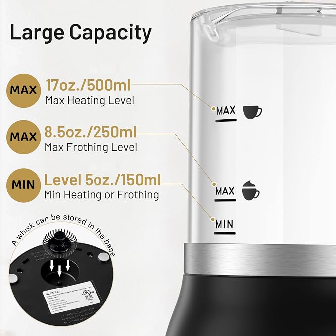 Secura Detachable Milk Frother and Steamer, 17oz Electric Milk Warmer 4-in-1 Hot/Cold Foam Maker for Latte, Cappuccinos, Macchiato, Hot Chocolate, Glass Milk Jug Dishwasher Safe | Detachable Dishwasher-Safe Jug, Fast & Quiet Frothing, 17oz Large Capaci...