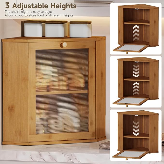 Bread Box for Kitchen Corner Countertop,Large Bread Basket (Brown, X-Large) | Double Layer Bamboo Bread Storage Container for Kitchen Countertop,Height Adjustable