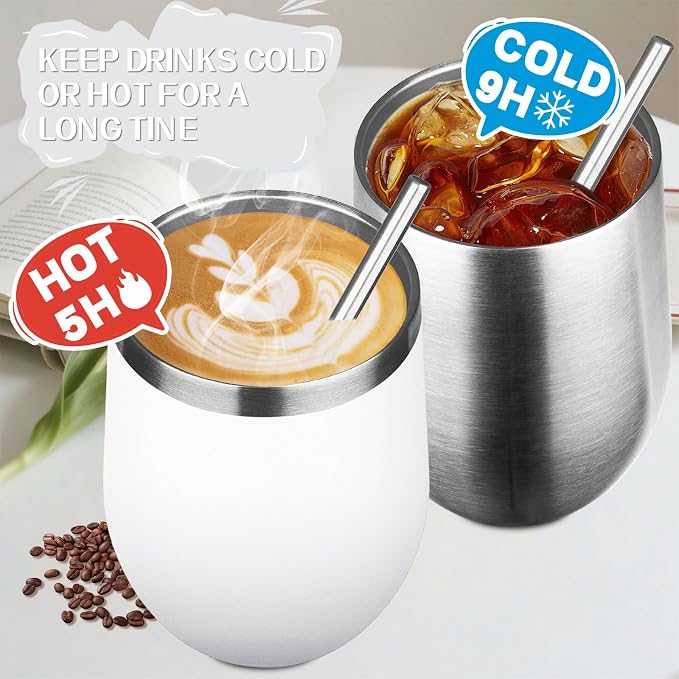 12oz/4 Pack Stainless Steel Wine Tumbler with Lid and Straw, Double Wall Vacuum Insulated Wine Tumbler Glasses, Stemless Travel Mugs for Hot and Cold Drinks, Coffee, Wine, Cocktails (White)