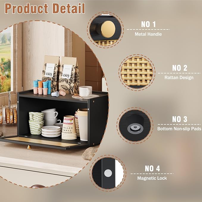 Trironsun Rattan Bamboo Bread Box for Kitchen Counter Large Capacity Bread Storage Bin Farmhouse Bread Storage Container Rustic Bread Holder (Black)