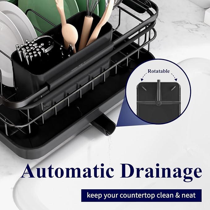 Kitsure Dish Drying Rack for Kitchen Counter, 12.2''W x 15.7''~23''L, Black | Stainless Steel Sink Organization, Cutlery Holder, Home and Appartment Decor