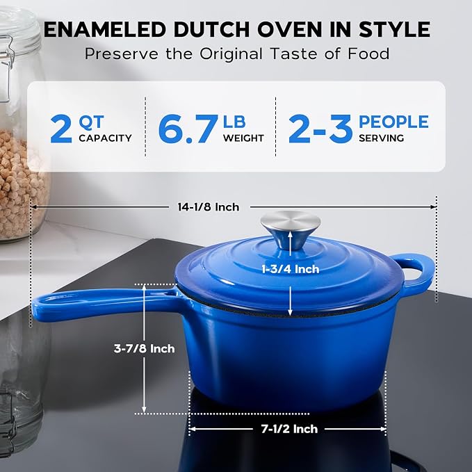 Onader 2 Quart Enameled Cast Iron Saucepan, Small Cast Iron Sauce Pan Pot for Cooking, Enamel Dutch Oven Kitchen Pot – Deep Blue