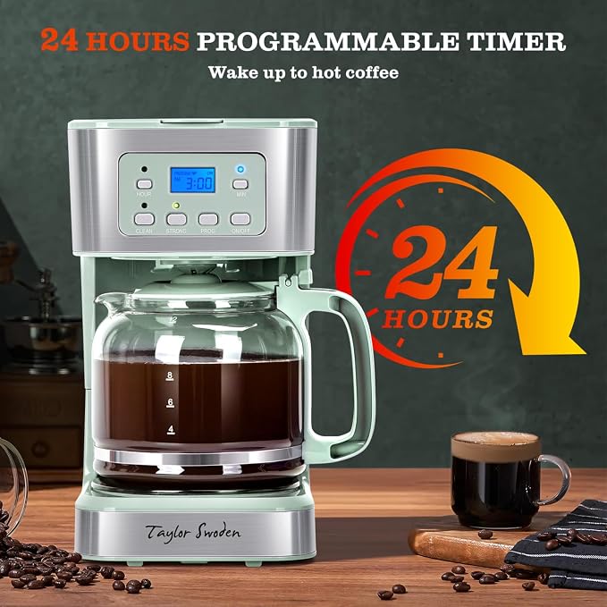 Taylor Swoden 12-Cup Programmable Coffee Maker, Green & Stainless Steel | Regular & Strong Brew Drip Coffee Machine for Home and Office, 24H Timer, Glass Carafe, Pause & Serve, Auto Shut Off