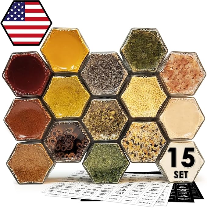 15 Pack Magnetic Spice Jars for Refrigerator Hexagon Glass Spice Jars with Magnetic Lids, Shaker, Spice Labels, Magnetic Glass Spice Containers for RV Travel Trailer Kitchen Fridge Cabinet Wall mount