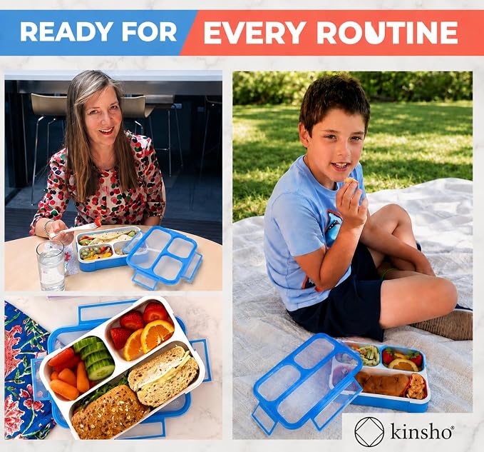 Bento Lunch Box Kids & Adults, Lunch and Snack Containers for Boys & Girls with 3 Compartments - School, Work Daycare, Meal Planning Portion Control Container, BPA-Free Boxes, Utensils, Blue 1 pack