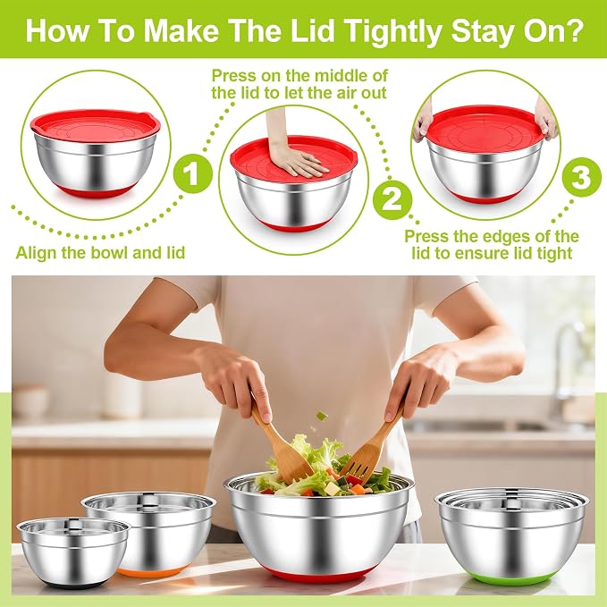 TeamFar Mixing Bowls, Stainless Steel Salad Bowls with Lids - Colorful | Nesting Bowls with Non-slip Bottom, for Kitchen Baking Preparing Serving, Stackable & 6PCS - 4.6 /2.6 /2 / 1.5 /1 / 0.7 Qt