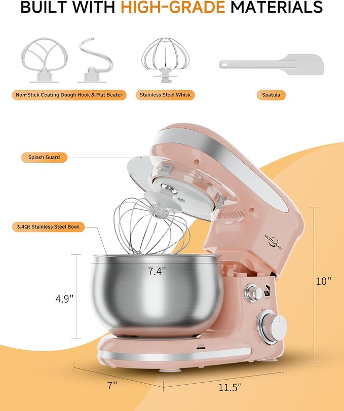 Stand Mixer 3.4QT Tilt-Head Pink Mixers 6+P Tilt-Head Speed | Portable Household Mixer for Daily Use with Egg Whisk,Dough Hook & Flat Beater,Perfect Dough Bread Mixer for Home Baking