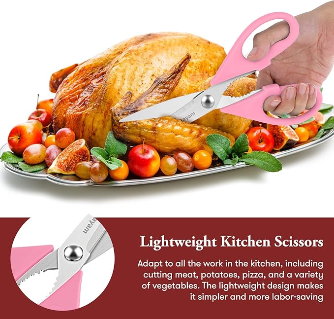 iBayam Pink Kitchen Scissors All Purpose Heavy Duty & Comfort Grip & Cover | 2-Pack Pink Kitchen Utensils Gadgets for Cooking & Baking, Dishwasher Safe, 8.7" Stainless Steel Sharp Scissors Food Poultry