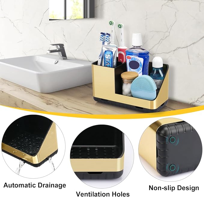 Toothbrush Holders for Bathroom Counter Organizer (Brushed Gold Grain) | Easy To Clean, Drainage, Non-Slip, Detachable, Kids Electric Toothbrush and Toothpaste Holder for Bathroom