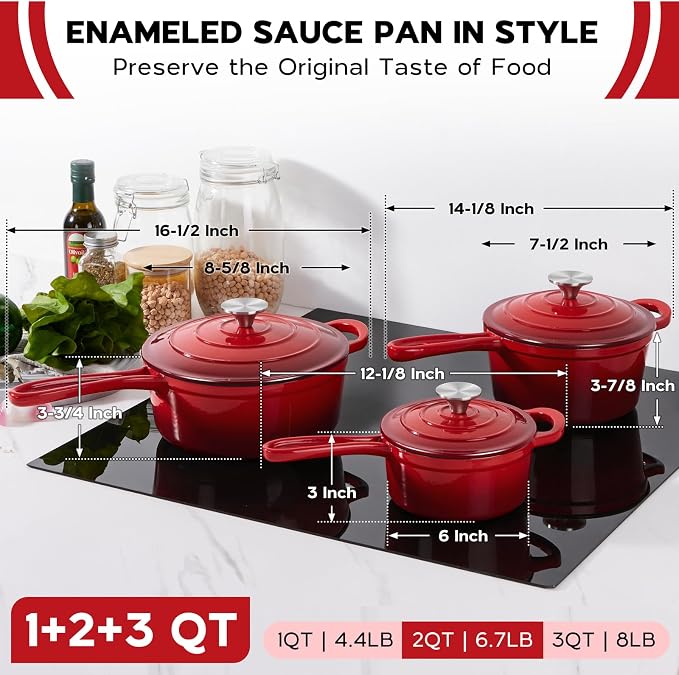 Onader Cast Iron Sauce Pan Pot, 1QT & 2QT & 3QT Small Saucepan with Lid, Enameled Cast Iron Dutch Oven Cooking Kitchen Pot, Nonstick & Heavy Duty – Red