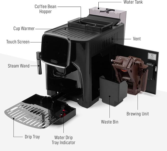 Zulay Kitchen Magia Clasica Automatic Espresso Machine with Built-In Grinder, Touch Panel Coffee Maker, Steam Wand Milk Frother, Adjustable Strength, Self-Cleaning, Black (13" x 17.7" x 9.4")