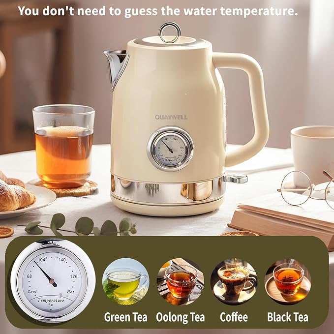Retro Electric Kettle, 1.7L, 304 Stainless Steel, Beige | Temperature Gauge, 1500W Fast Boiling, Auto Shut-Off & Boil-Dry Protection, BPA-Free,Vintage water kettle, Cream Color