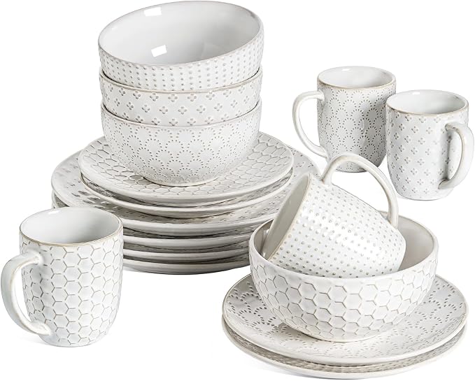 LE TAUCI Ceramic Dishes Set for 4, 16 Piece Kitchen Dinnerware Set with Mugs, Embossed Plates and Bowls Sets, Microwave & Dishwasher Safe, Arctic White (8"&10" Plate, 26oz Bowl, 12oz Mug)