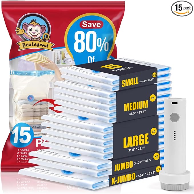 BoxLegend Vacuum Storage Bags with 1500mAh Electric Pump 15 Combo (1X-Jumbo, 2 Jumbo, 5 Large, 5 Medium, 2 Small) Thickened Vacuum Seal Bags for Clothing Blanket Pillow Comforters Bedding Quilt Coat
