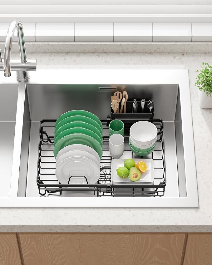 Kitsure Expandable in-Sink or Over-Sink Dish Drying Rack, Large, Black | Rust-Resistant Dish Rack for Kitchen Counter, Dish Drainer with Cutlery Holder, 10.82"-17.12" L x 11.02" W x 3.93" H