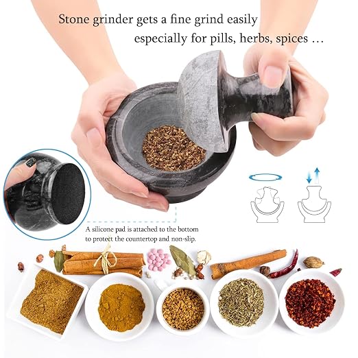 Mortar and Pestle Set, Marble Mortar and Mushroom Pestle,4 inch,1/2 Cup,Stone Grinder with Brush Placemat for Pills Herbs Spices,Easy to Grip,Gets a Fine Grind Easily,Pill Crusher,Black