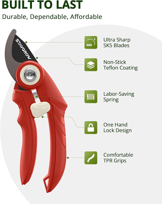 Pruning Shears 6.9" Professional Garden Shears Red | SK5 Stainless Steel Sharp Blades,Garden Clippers with Comfortable Grip Hands and Safety Lock,Gardening Tools for Men Women