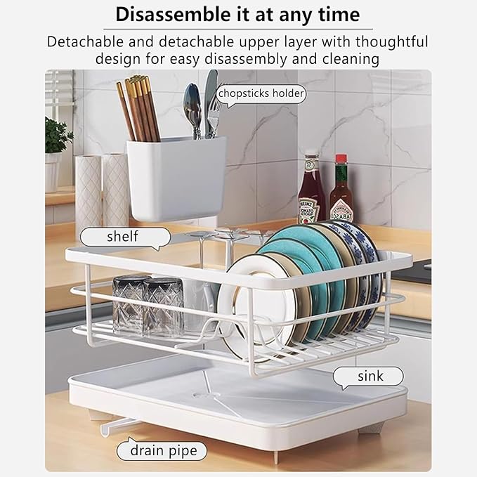 Dish Drying Rack for Kitchen Counter, Carbon Steel Sink Organizer with Drainboard & Cutlery Holder, Space-Saving Sturdy Metal Rack for Home Apartment (Gray)