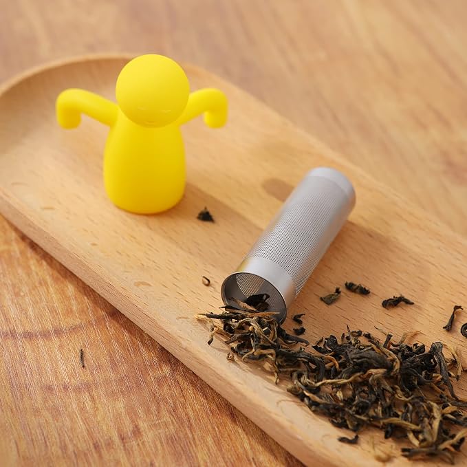 Leden Tea Infuser for Loose Tea Fine Mesh Tea Steeper, Grey & Yellow, 2Pcs | Stainless Steel Fun Person-shaped Design Tea Strainer Filter with Silicone Handle for Loose Tea Ball for Cup Mug