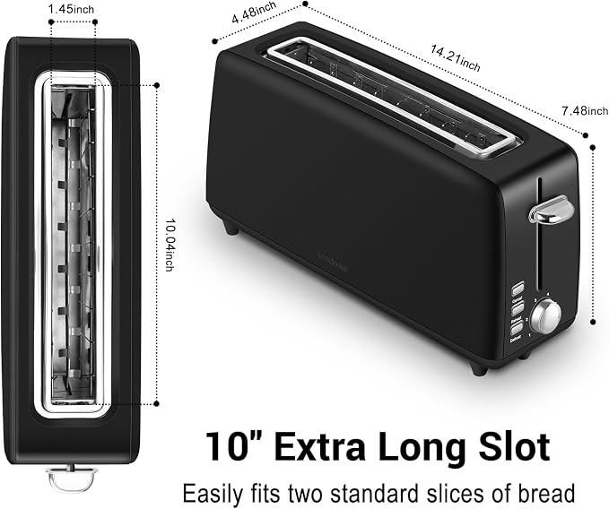 SEEDEEM Stainless Steel Toaster 2 Slice Slim, 10" Single Long Slot, Black | 6 Shade Settings, Extra Wide Slot Fits Bagels & Artisan Bread, Defrost, Cancel Function, Removable Crumb Tray