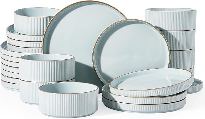 Famiware Stoneware Dinnerware Sets for 8, Rimmed Plates, Bowls, Blue Dishes | 24-Piece Chip & Scratch Resistant Ceramic, Microwave & Dishwasher Safe, Everyday & Formal Dining, Modern Rustic, Lipped Edges
