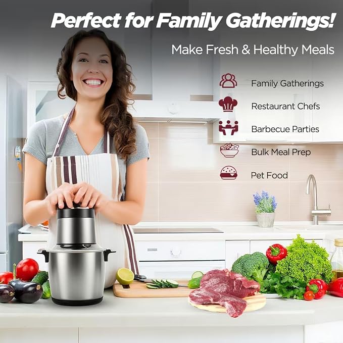 6L Electric Meat Grinder & Food Processor, 1200W Stainless Steel Meat Chopper with 6 Sharp Blades, 2-Speed Large Capacity Food Chopper for Beef, Chicken, Fish, Vegetables & Meal Prep