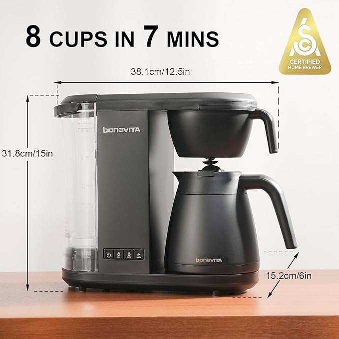 Bonavita Enthusiast 8 Cup Drip Coffee Brewer, Pour Over, SCA Certified Coffee Machine with Thermal Carafe, Stainless Steel Panel, Removable Reservoir, Matte Black | Thermal Carafe, Stainless Steel Panel, Removable Reservoir