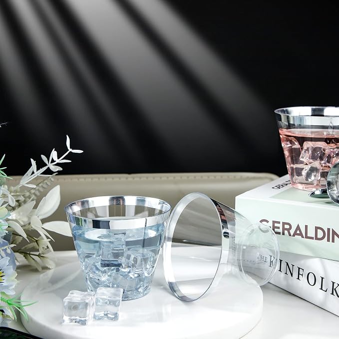 IOOOOO 200pcs Silver Disposable Plastic Cups 9 oz Clear Plastic Cups Old Fashioned Tumblers Silver Rim Cup Disposable Party Cup Elegant Silver Wine Glasses Cocktail Cup