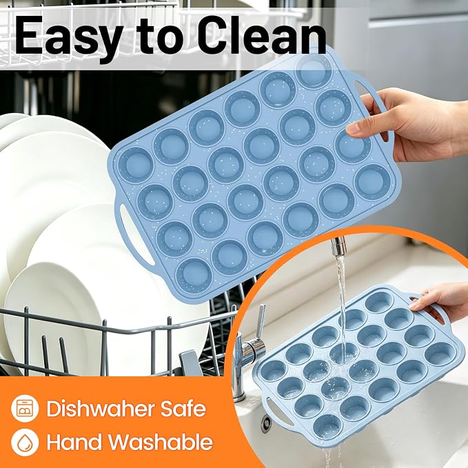 Mini Cupcake Pans, Metal Reinforced Frame Silicone Mini Muffin Pan 24 Cups | 1 Pack, with Handle, BPA Free, Nonstick, Oven Dishwasher Safe, Food-Grade Silicone, Heat-resistant: -104°F to 446°F