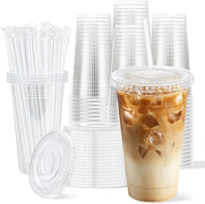 Clawsoff 100 Pack 20 oz Disposable Clear Plastic Cups with Lids and Straws | Leak-Proof, Heavy Duty, Sturdy Cold Drink Cups for Iced Coffee, Smoothies, Juice, Parties & Business, Food Safe