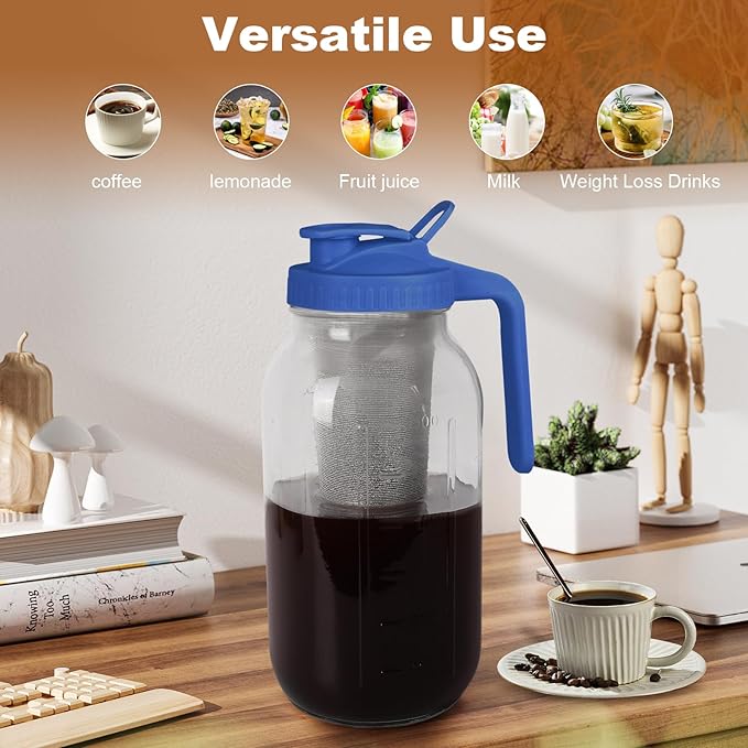 Cold Brew Coffee Maker, 64 oz Mason Jar Pitcher with Stainless Steel Filter, Pour Spout Handle Lid, Heavy Duty Glass Airtight & Leak-Proof for Iced Coffee,Tea & Lemonade
