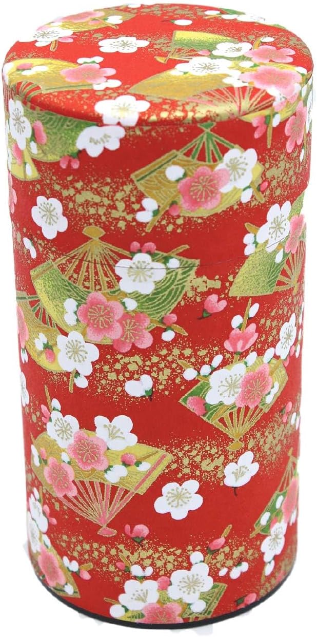 Japanese Pokkan Matcha Coffee Spice Tea Tin Canister Washi Paper Storage with Lid 7.05 oz Capacity (Red Sakura, L)