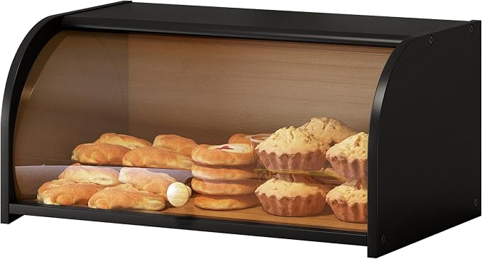 Roll Top Bread Box for Kitchen Countertop with Clear Lid | Natural bamboo, clear roll-top lid. Airtight small breadbox. Fits homemade loaves, bagels, pastries. Easy assembly.