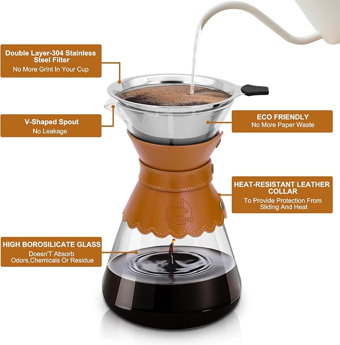 YMMIND 34oz Pour Over Coffee Maker with Double Layer Stainless Steel Filter, Borosilicate Glass Dripper, Detachable Heat-Resistant Leather Pad 7-8 Cups Coffee Maker Carafe（Light brown）
