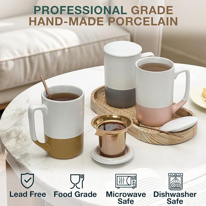 Gencywe Ceramics Large Tea Cup with Loose Leaf Infuser, Spoon and Lid, 16 oz Tall Coffee Mug, Microwave and Dishwasher Safe, Rustic Matte Ceramic Glaze, Tea Strainer (Gray)