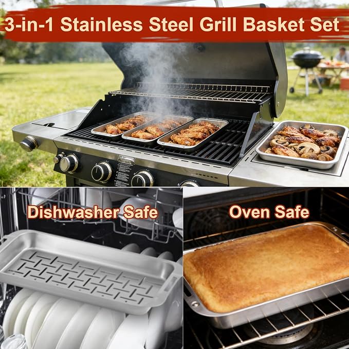 BBQ Vegetable Grill Basket Set, 4 Piece Stainless Steel Grill Pan Set with Universal Handle & lid, Dishwasher Safe, for Outdoor Cooking, Camping, Picnic, For Grilling Fish Veggies & Meats
