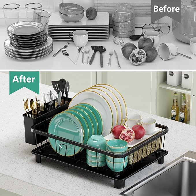 Hiviweer Dish Drying Rack for Kitchen Counter, 16.2" L x 12.5" W, Black | Space-saving design with drainboard, removable utensil holder, rustproof durable dish drainer for kitchen countertop storage